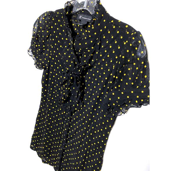 INC International Concepts Blouse Ruffles Black Yellow Polka Dots Womens M Nylon - Picture 2 of 7